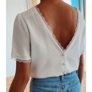 NWOT Berthie Paris Bybel White Lace-Trim V-Back Blouse Small 4